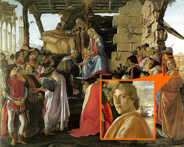 Sandro Botticelli, Adorazione dei Magi, 1475 circa: l'autore entra a far parte dell'opera inserendo il proprio autoritratto