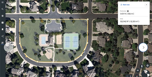 La misurazione di un qualsiasi perimetro attraverso l'interfaccia Web della piattaforma Google Earth, all'interno del browser Chrome