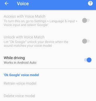 Uno screenshot mostra l'impossibilità di agire sulle impostazioni relative al riconoscimento vocale dell'Assistente Google
